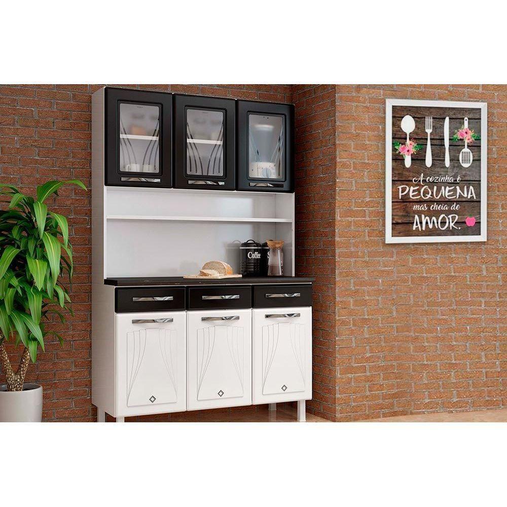 Kit de Cozinha Compacta Star New c/ 6 Portas (3 c/ Vidro) e 3 Gavetas 120cm Branco/Preto - Telasul - 1