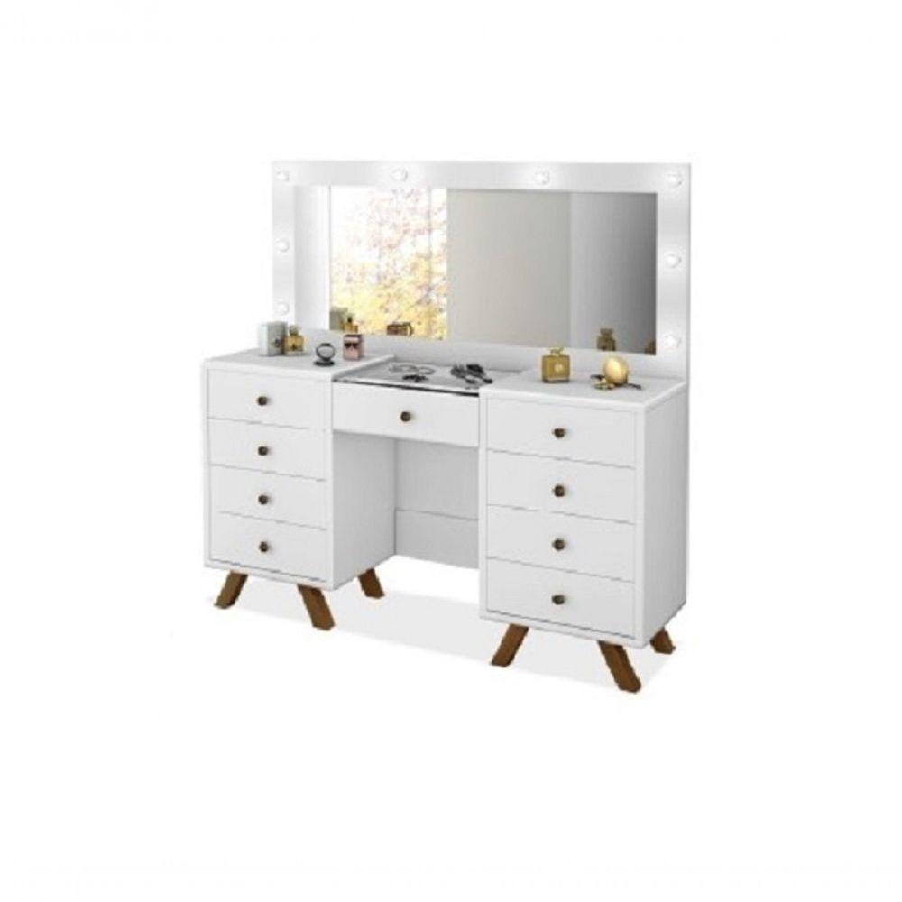 Penteadeira Camarim Mila 9 Gavetas Led Espelho Pés De Madeira Branco - 1