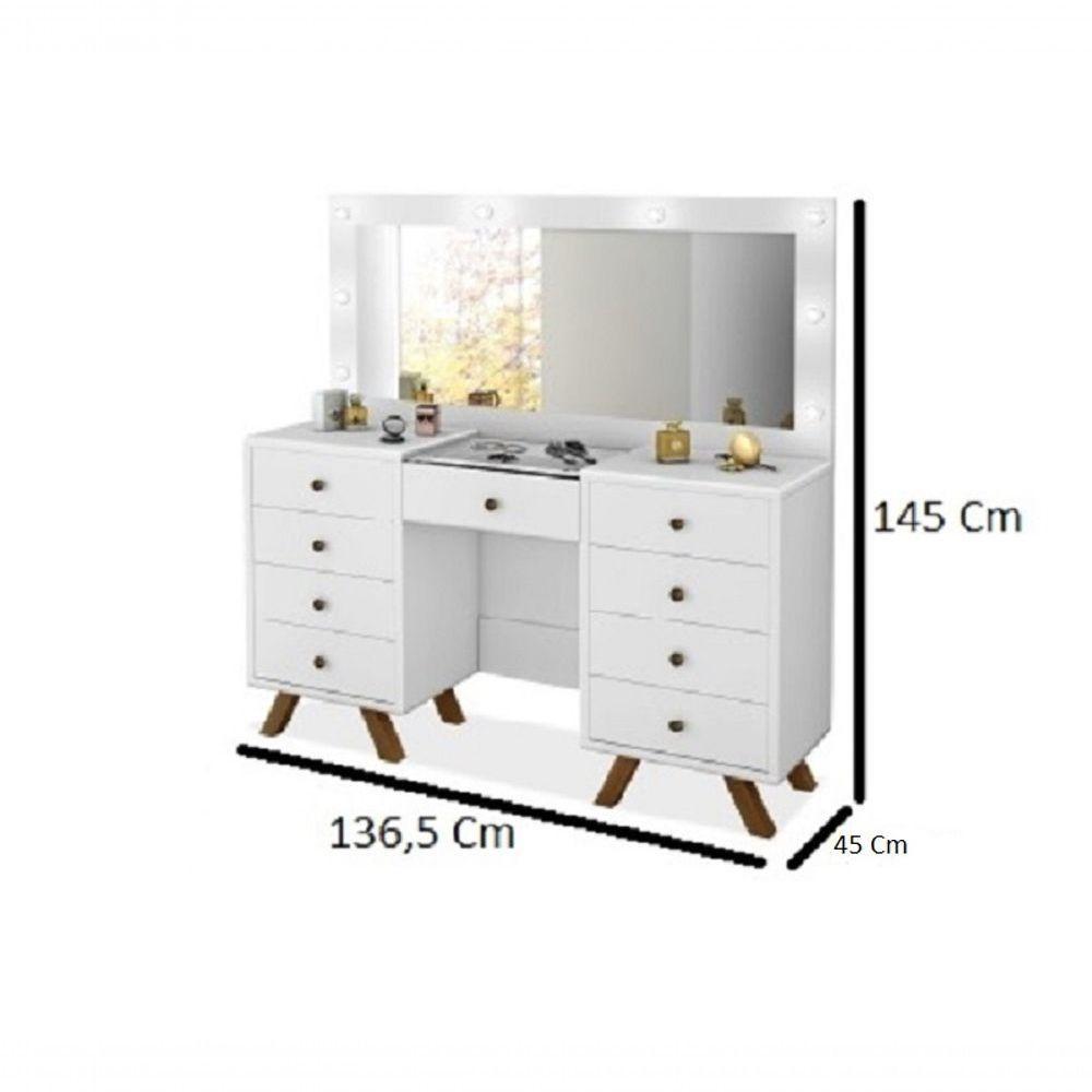 Penteadeira Camarim Mila 9 Gavetas Led Espelho Pés De Madeira Branco - 2