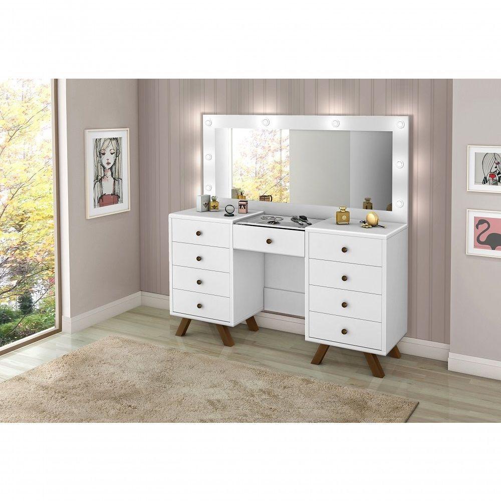 Penteadeira Camarim Mila 9 Gavetas Led Espelho Pés De Madeira Branco - 3