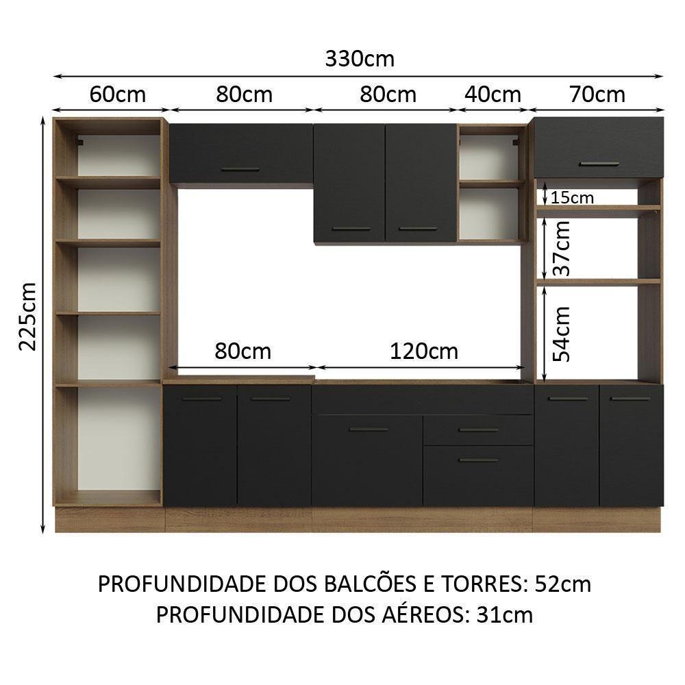 Armário De Cozinha Completa 330cm Rustic/preto Agata Madesa 02 Rustic/preto - 9