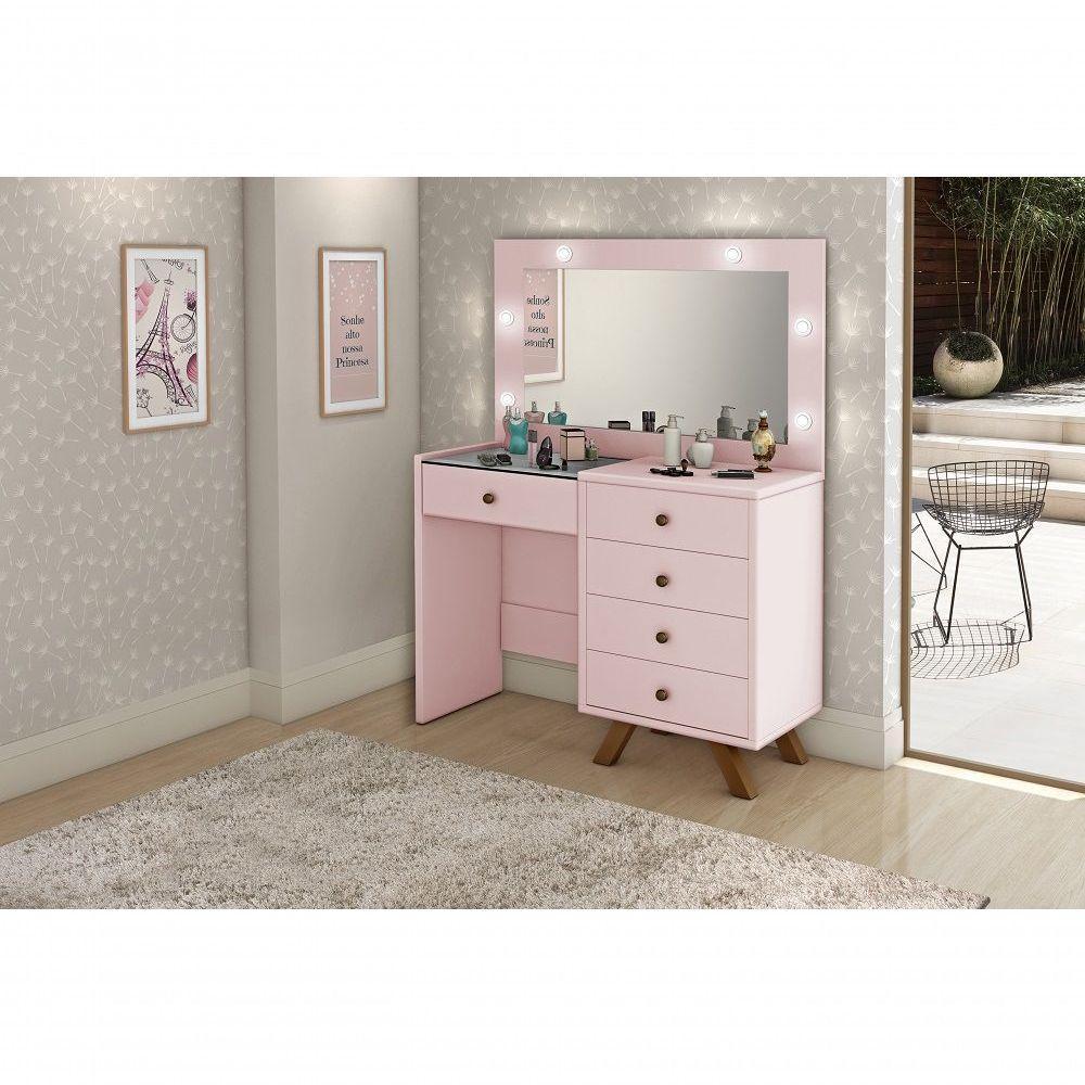 Penteadeira Camarim Luna 5 Gavetas Led Espelho Pés De Madeira Rose - 3