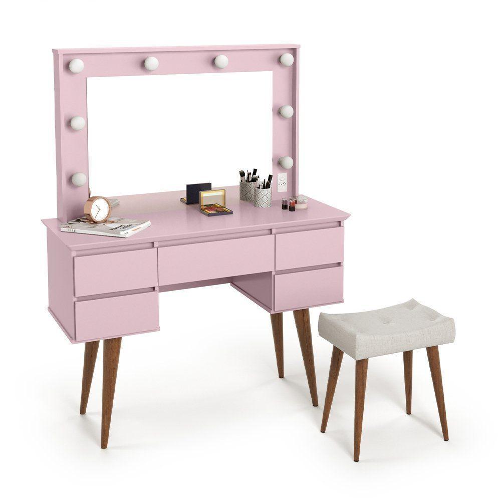 Penteadeira Camarim Com Espelho E Banqueta Strass Rosa - 3