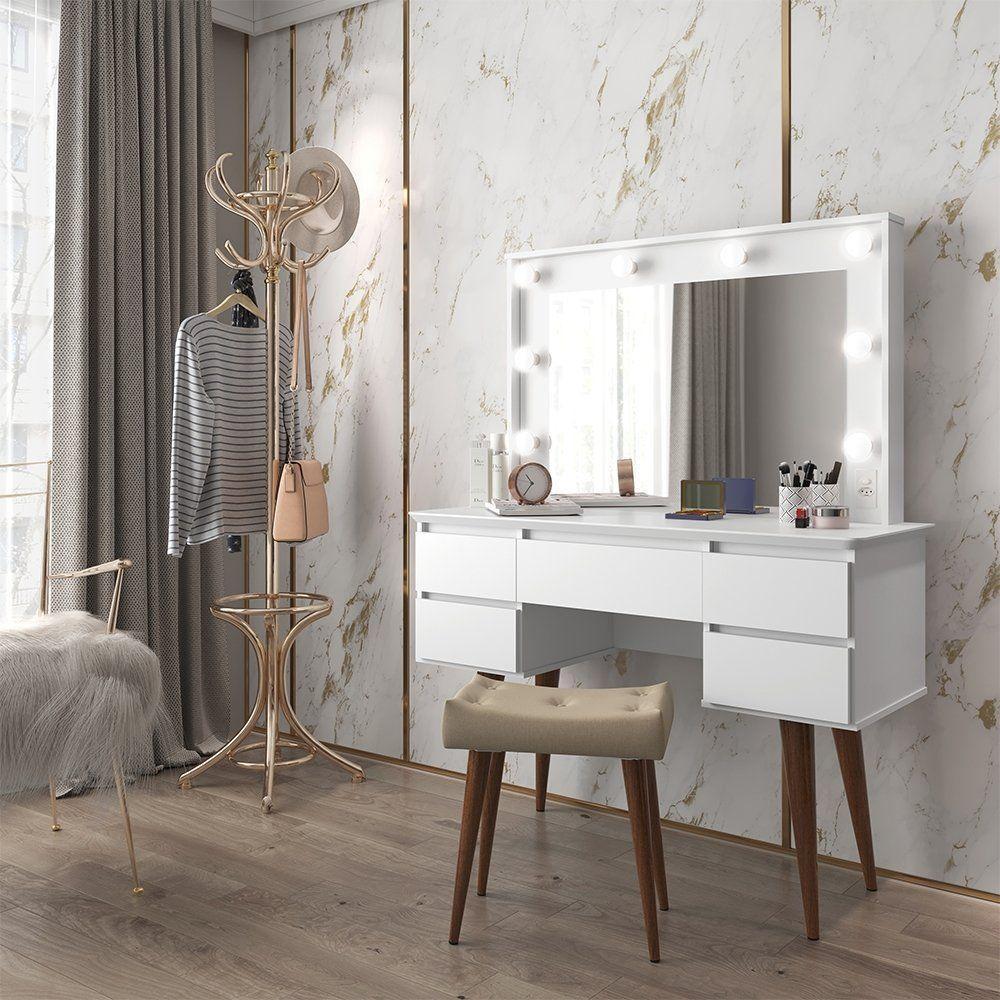 Penteadeira Camarim Com Espelho E Banqueta Strass Branco - 1