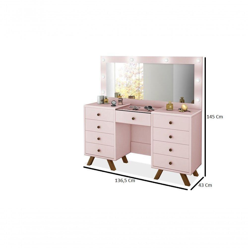 Penteadeira Camarim Mila 9 Gavetas Led Espelho Pés De Madeira Rosê - 2