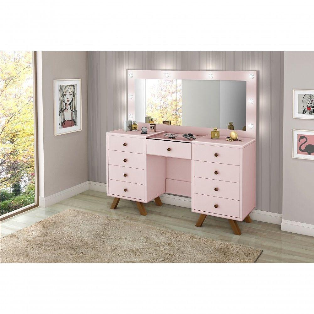 Penteadeira Camarim Mila 9 Gavetas Led Espelho Pés De Madeira Rosê - 3