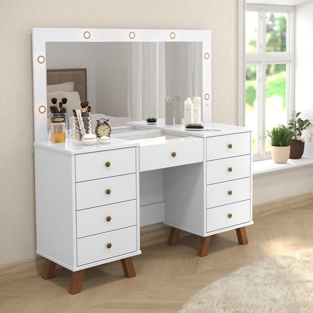Penteadeira Camarim Com Espelho E Leds Com 9 Gavetas Branco - 2