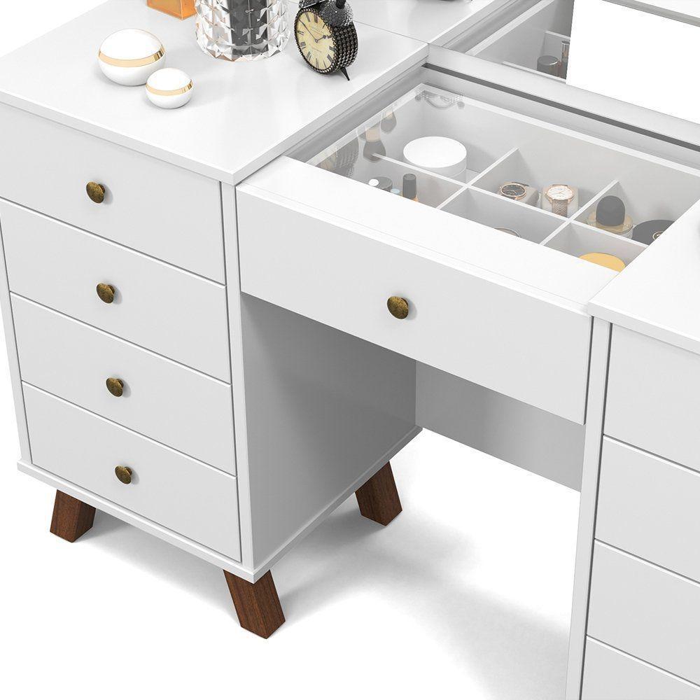 Penteadeira Camarim Com Espelho E Leds Com 9 Gavetas Branco - 3