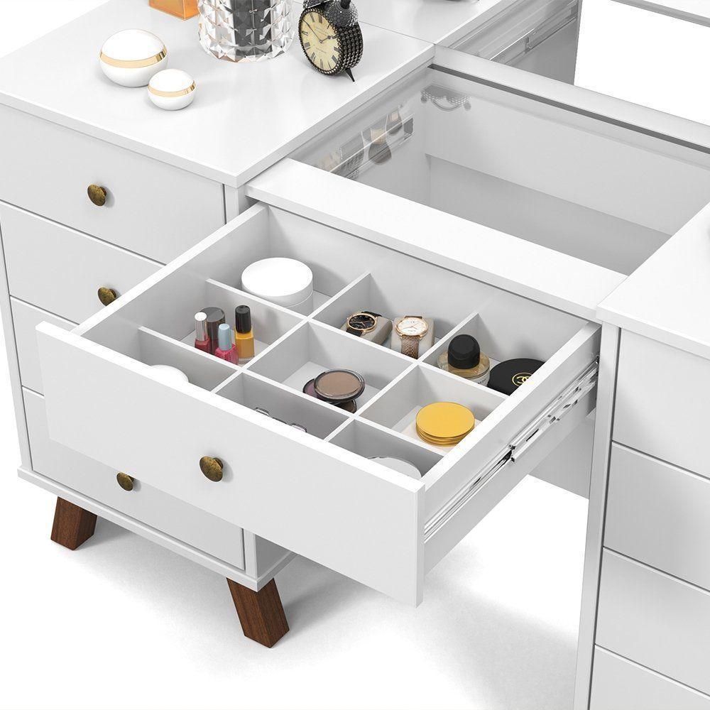 Penteadeira Camarim Com Espelho E Leds Com 9 Gavetas Branco - 4