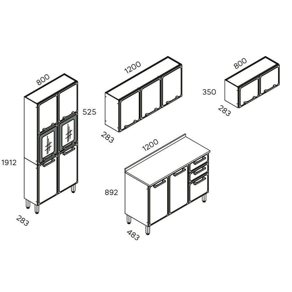 Cozinha Modulada Completa Estilo 4 Peças (2 Armários + 1 Balcão + 1 Paneleiro) C4P104 Cinza/Grafite - Bertolini - 2