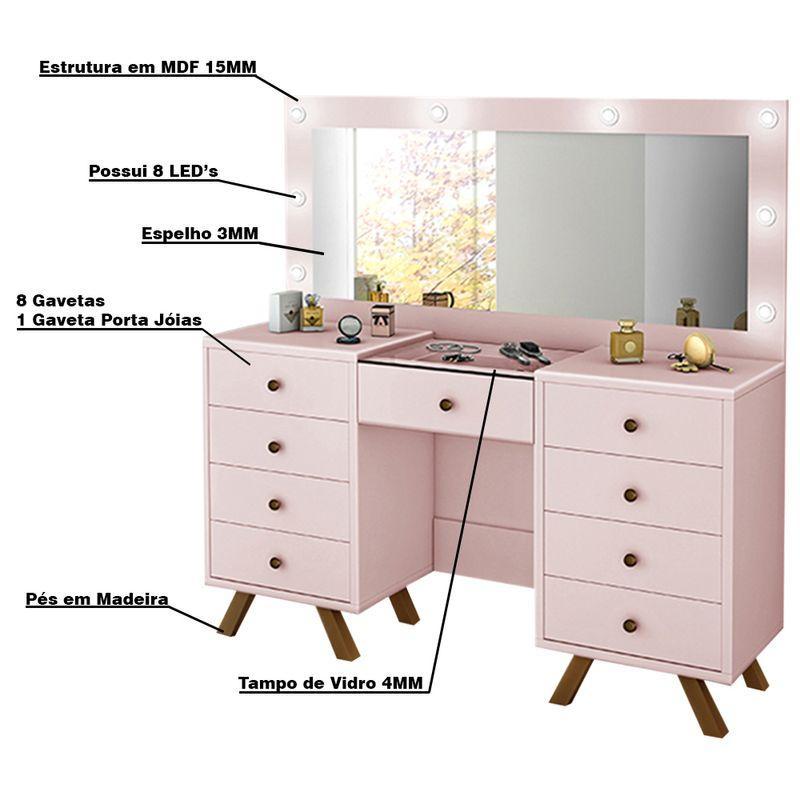 Penteadeira 8 Gavetas Porta Joias Tampo de Vidro Finn Rose - 5