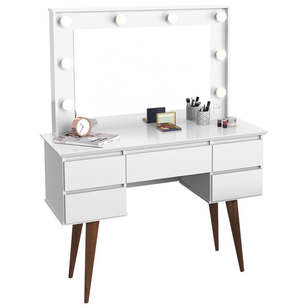 Penteadeira Com Espelho 5 Gavetas Pés Palito Camarim Branco - 1