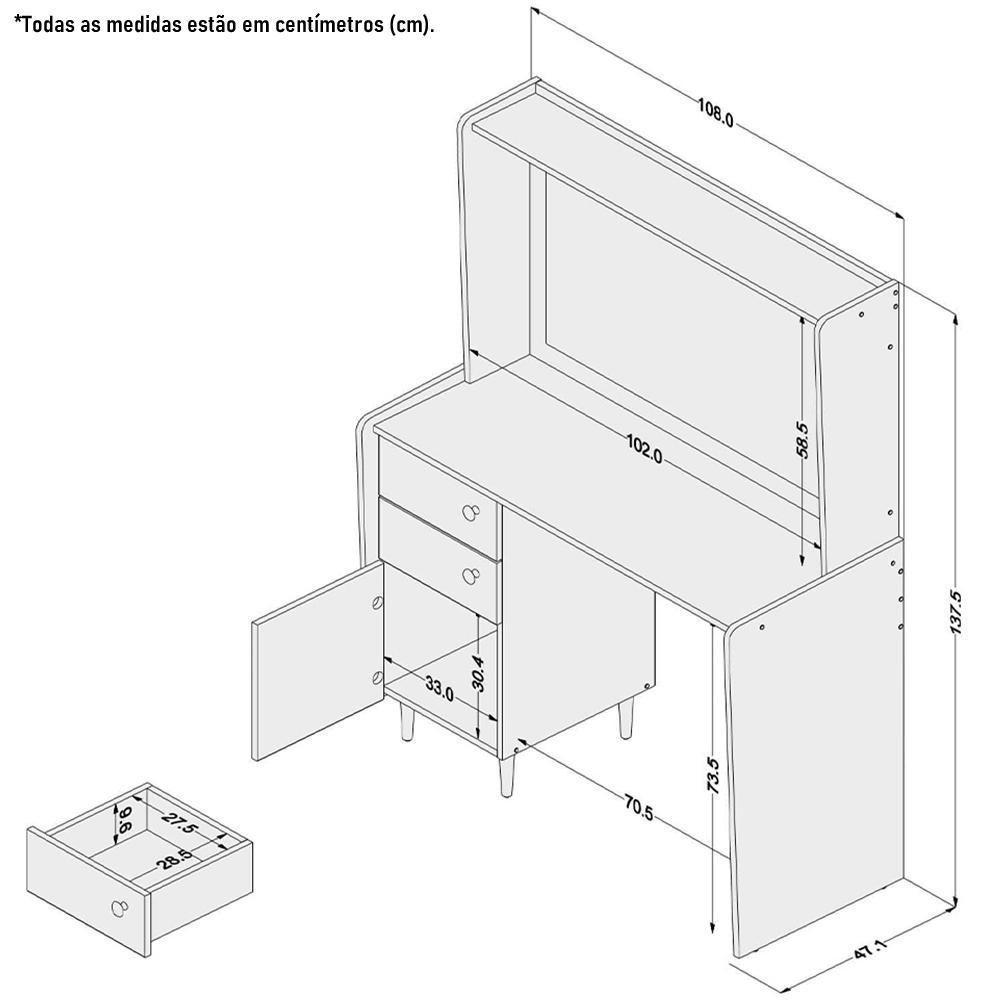 Penteadeira Camarim 1 Porta 2 Gavetas Branco Pés Palito - 2