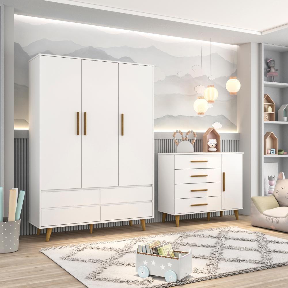 Quarto De Bebê Roupeiro 3 Porta Com Gavetas Cômoda Branco - 1