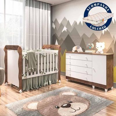 Quarto De Bebê Com Colchão Berço Mini Cama Cômoda Branco