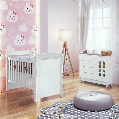 Quarto De Bebê Selena Berço Mini Cama Mirelle Cômoda Branco