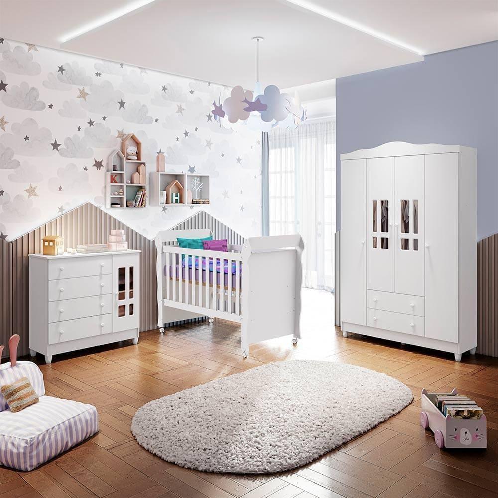 Quarto De Bebê Berço Mini Cama Guarda Roupa Cômoda Branco - 1