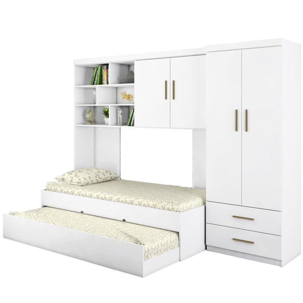 Quarto Infantil Chiara Guarda Roupa E Aéreo 2 Portas Com Cama E Auxiliar Branco - 1