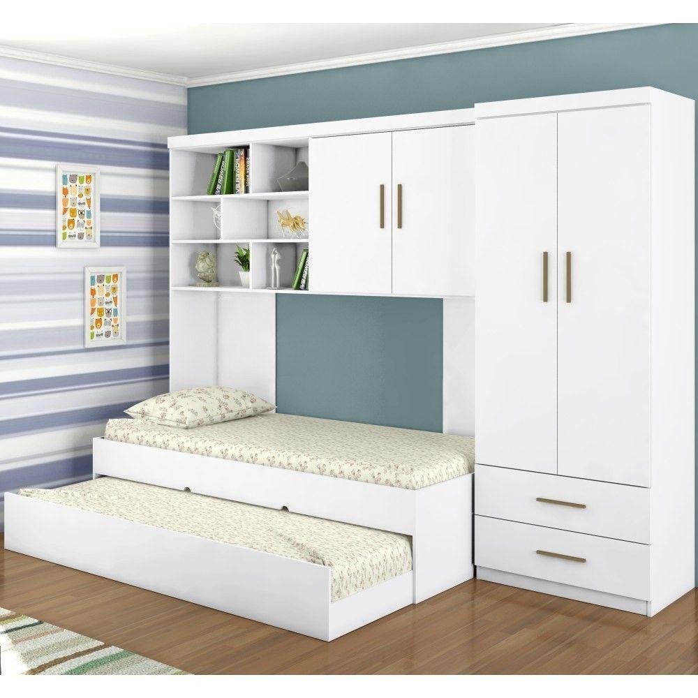 Quarto Infantil Chiara Guarda Roupa E Aéreo 2 Portas Com Cama E Auxiliar Branco - 3