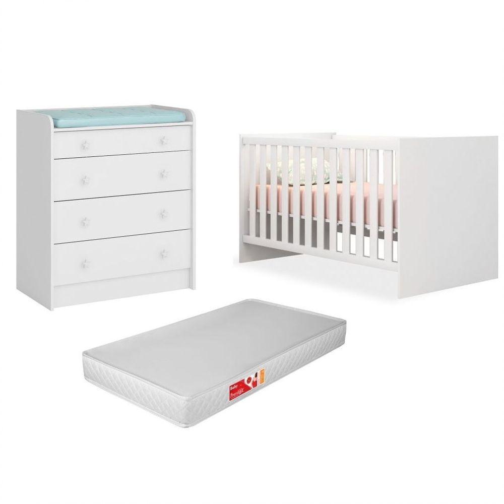 Quarto De Bebê Cômoda 2523 E Berço 1344 Doce Sonho Com Colchão Branco - Qmovi - 1