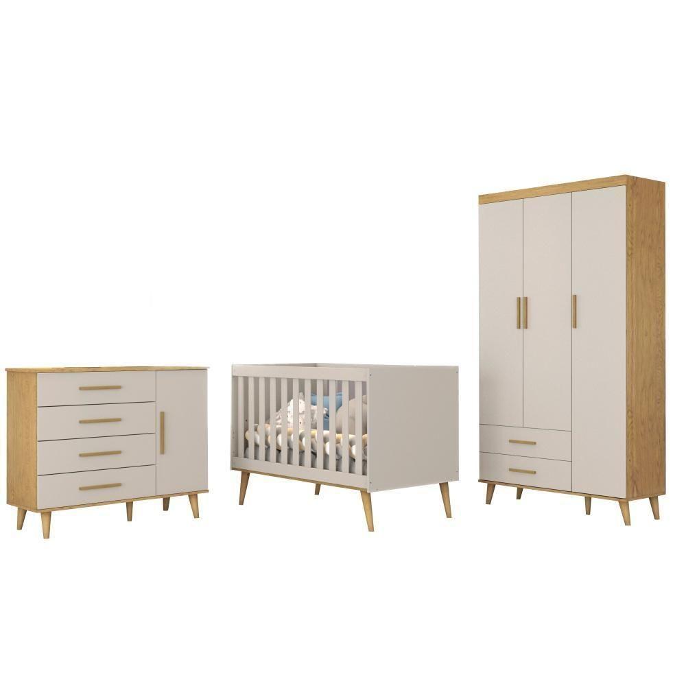 Quarto De Bebê Guarda Roupa Cômoda 4 Gavetas Com Fraldário Berço 3 Em 1 Ludmila Off White - 2