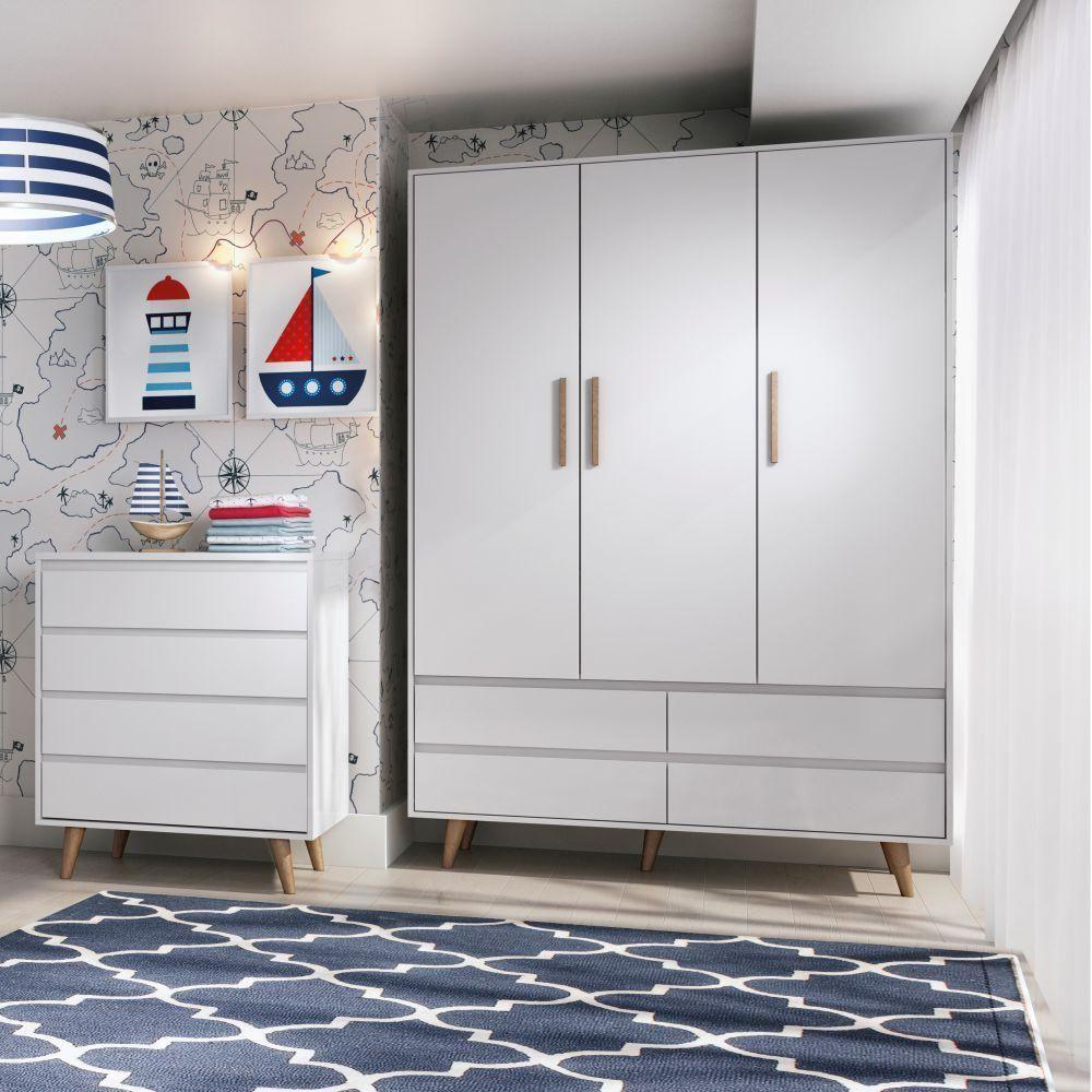 Quarto De Bebê Roupeiro 3 Porta Com Gavetas Cômoda Branco - 1