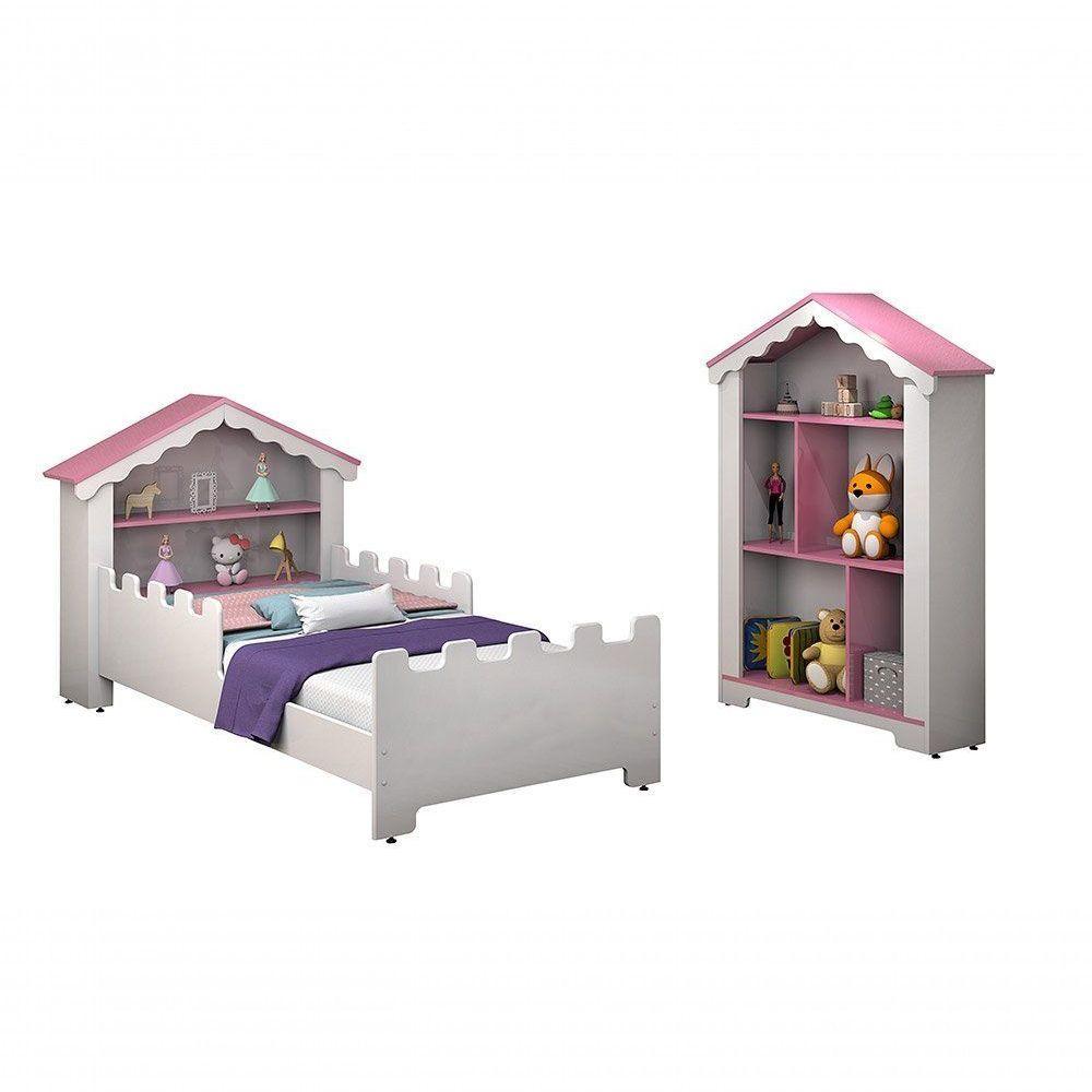 Quarto Princesa C/Cama, Estante,Colchão Branco/rosa - 1