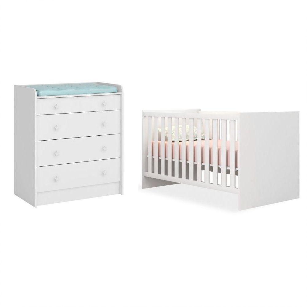 Quarto De Bebê Cômoda 2523 E Berço Mini Cama 1344 Doce Sonho Branco - 1