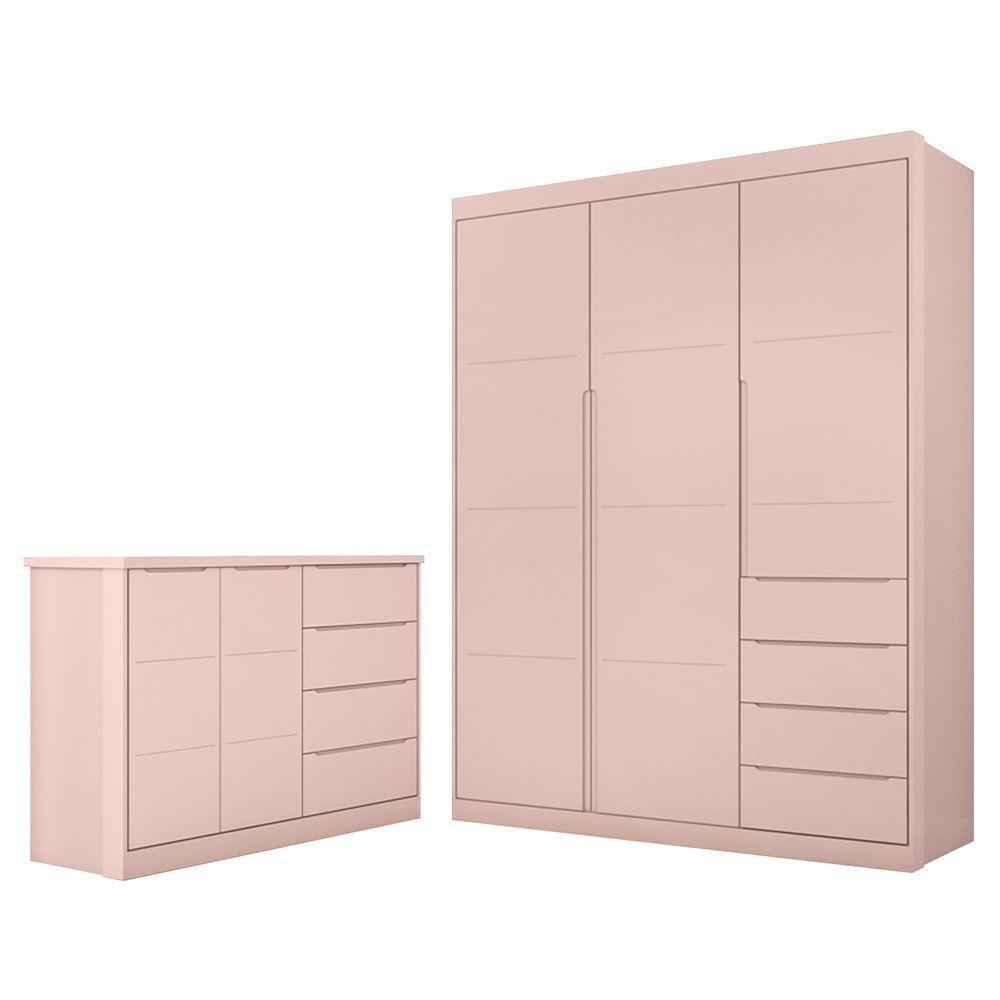 Jogo De Quarto Infantil Guarda Roupa 2 Portas E Cômoda 4 Gavetas Lua P04 Rose - Mpozenato - 1