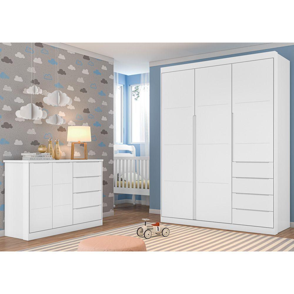 Jogo De Quarto Infantil Guarda Roupa 2 Portas E Cômoda 4 Gavetas Lua P04 Branco - Mpozenato - 5