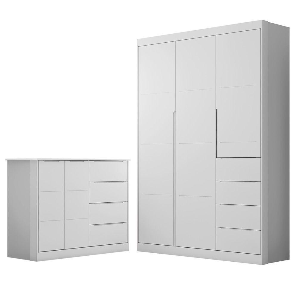 Jogo De Quarto Infantil Guarda Roupa 3 Portas E Cômoda 4 Gavetas Lilly P04 Branco - Mpozenato - 1