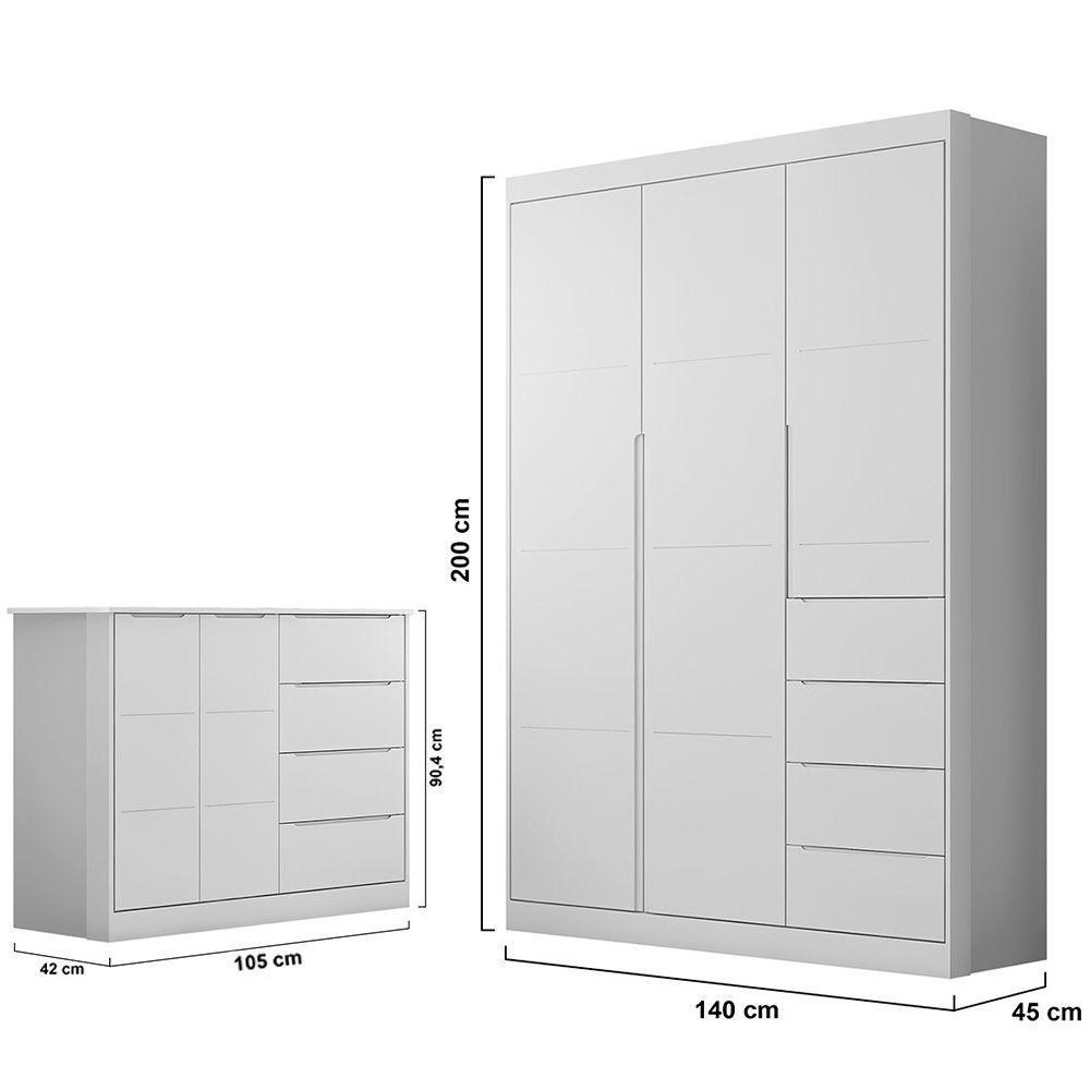 Jogo De Quarto Infantil Guarda Roupa 3 Portas E Cômoda 4 Gavetas Lilly P04 Branco - Mpozenato - 3