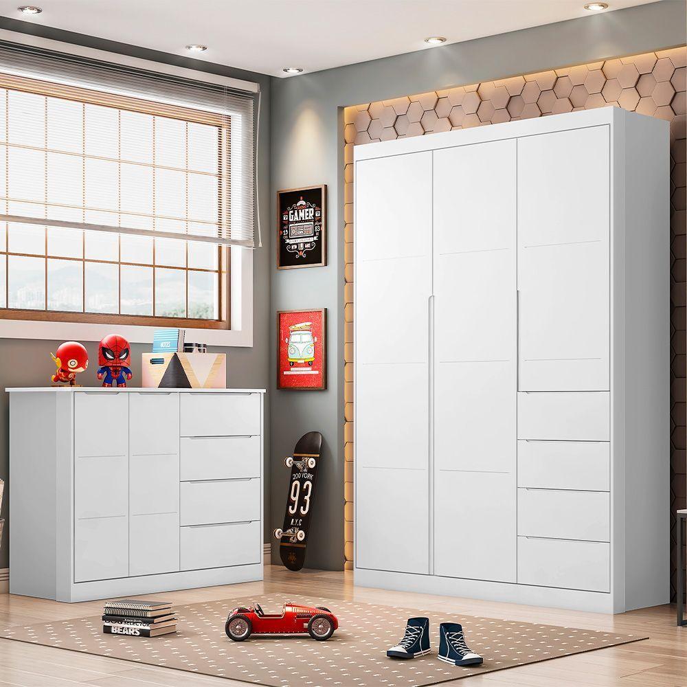 Jogo De Quarto Infantil Guarda Roupa 3 Portas E Cômoda 4 Gavetas Lilly P04 Branco - Mpozenato - 5