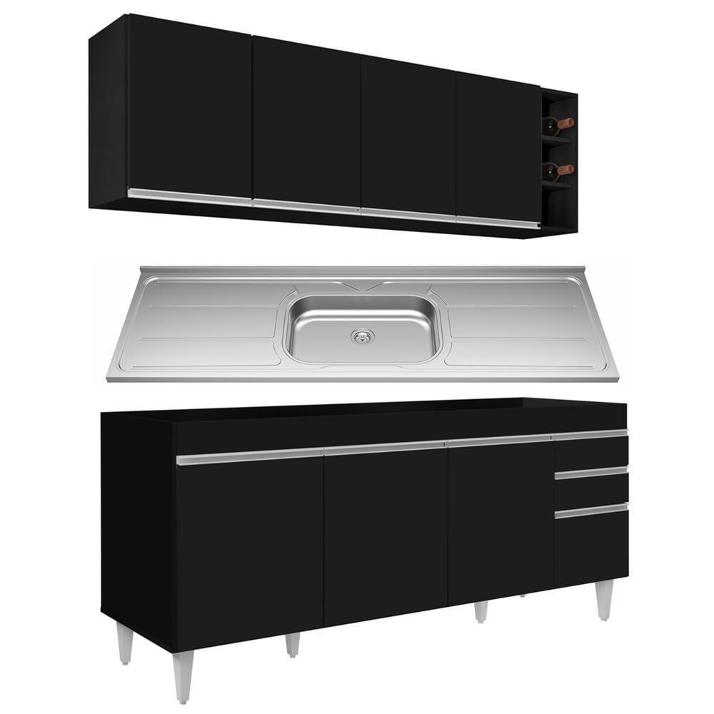 Armário Aéreo Nevada E Balcão Gabinete 180cm Com Pia Dallas Preto - Lumil - 1
