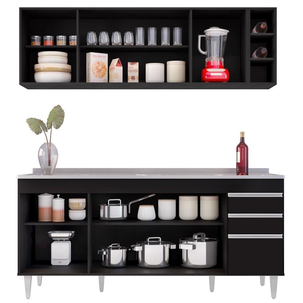 Armário Aéreo Nevada E Balcão Gabinete 180cm Com Pia Dallas Preto - Lumil - 6