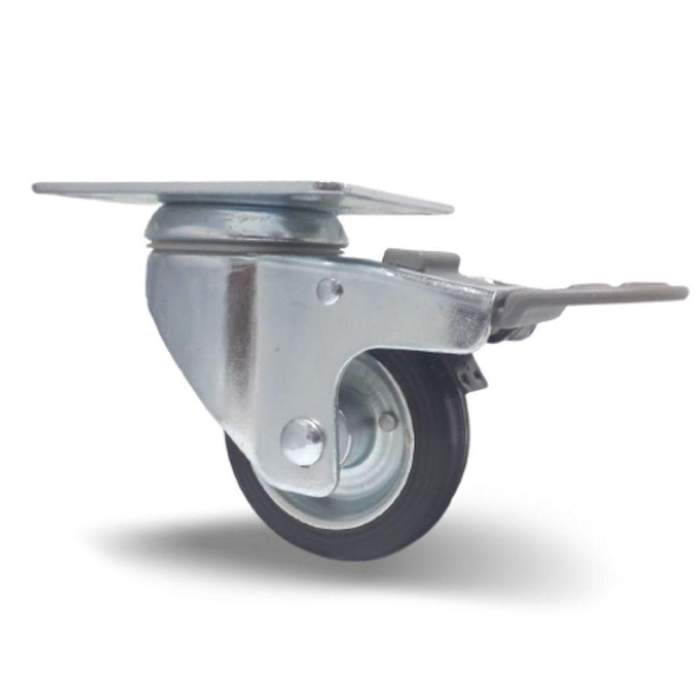 2 Rodizio Borracha 3 Pol. Placa C/ Freio Rolamento Rolete - 2