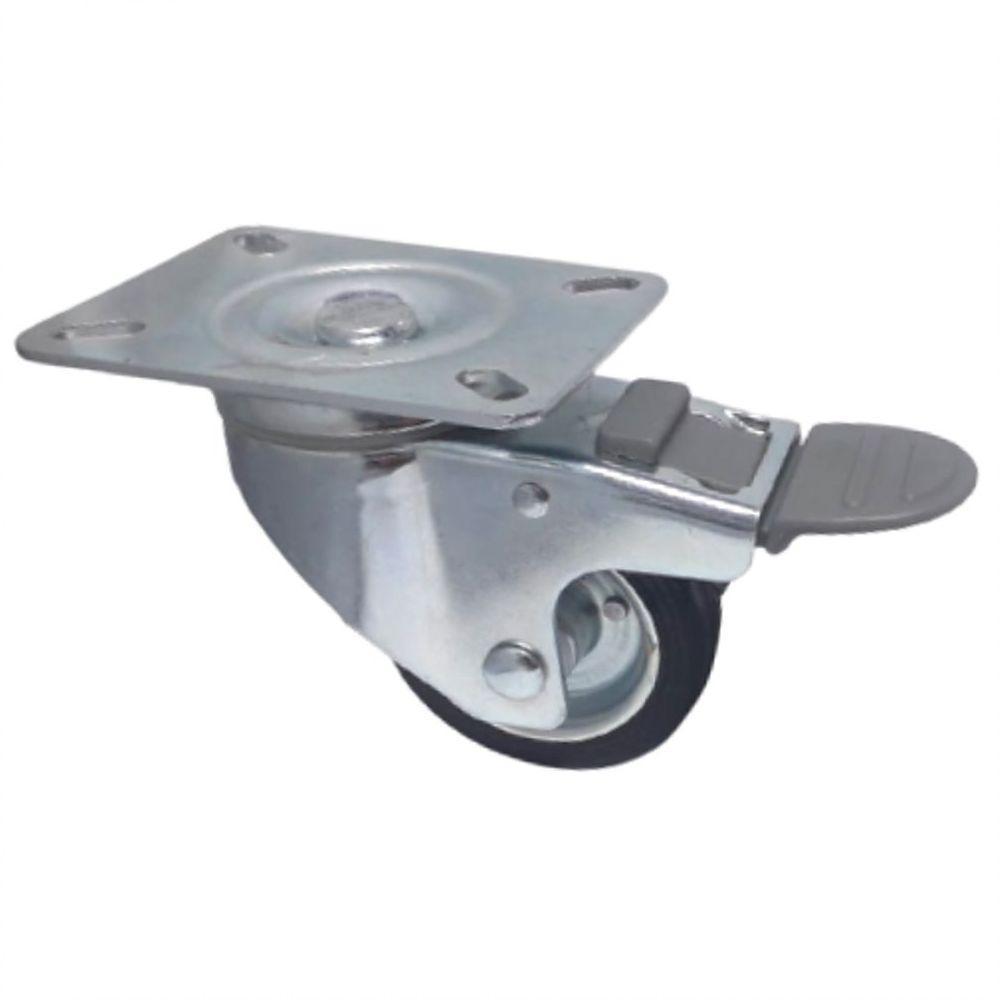 2 Rodizio Borracha 3 Pol. Placa C/ Freio Rolamento Rolete - 3