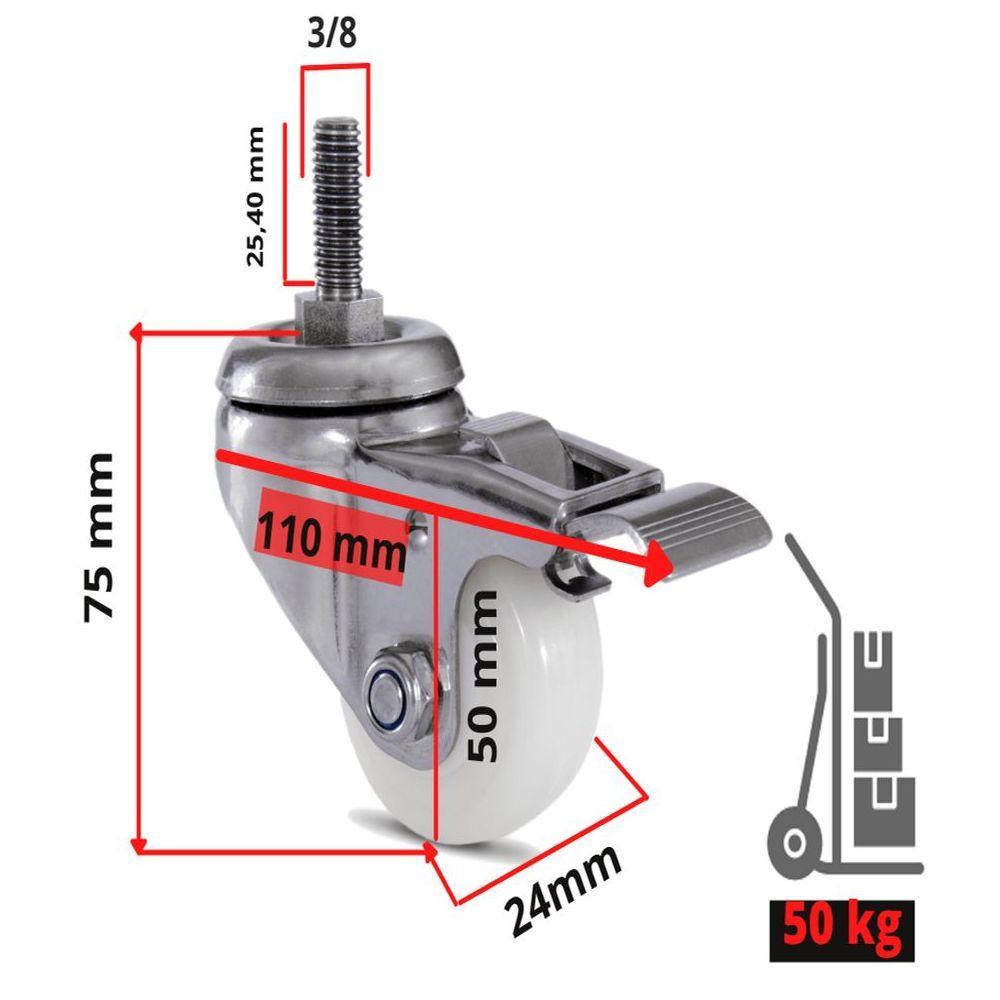2 Rodizio Inox 2 Pol. Roda Nylon Com Espiga Com Freio - 2