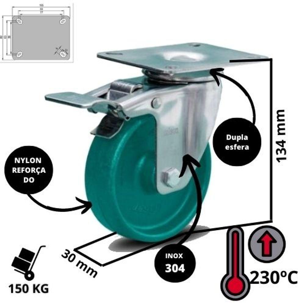Rodizio Inox 4 Pol. Alta Temperatura Giratório C/Freio 230ºc - 5