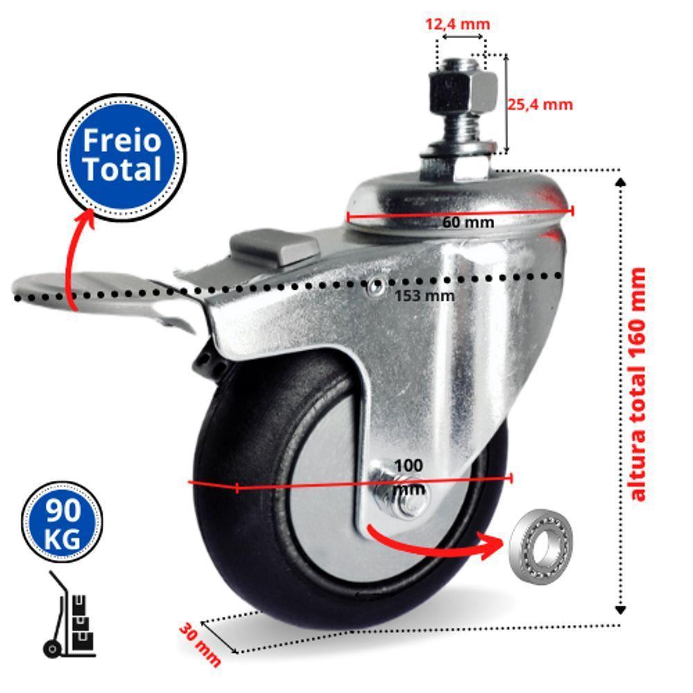 Rodizio gir. Espiga 5 Pol. c/ Freio Roda Pvc c/ Rolamento - 2