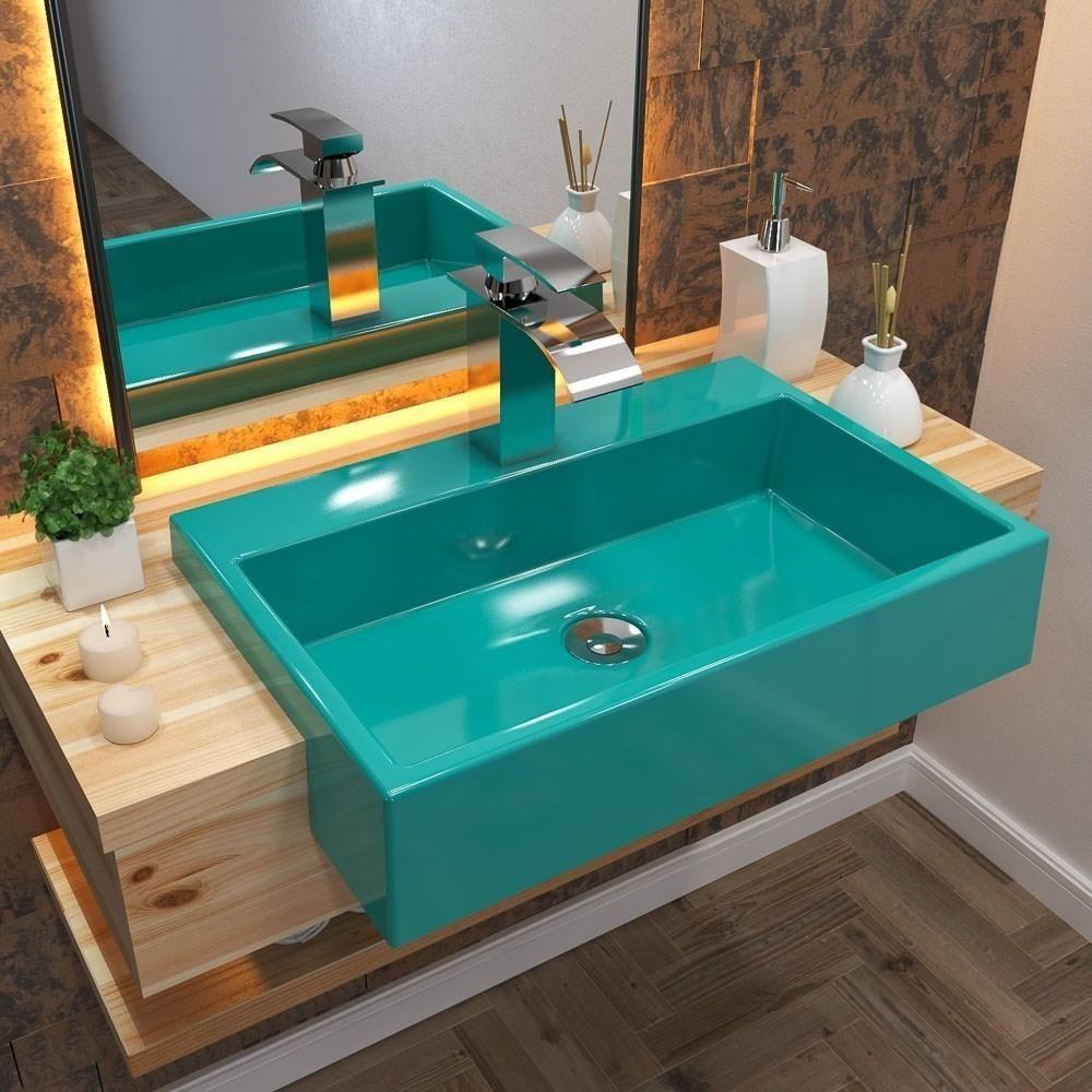 Cuba Pia Semi Encaixe Para Banheiro Retangular 54Cm Xrt C08 Azul Turquesa - Mpozenato - 4