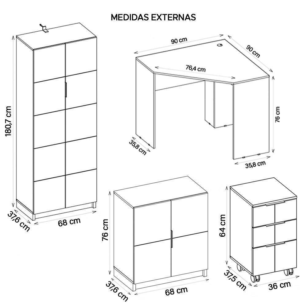 Kit Escritório Conjunto 4 Peças Cubic Branco Caemmun - 3