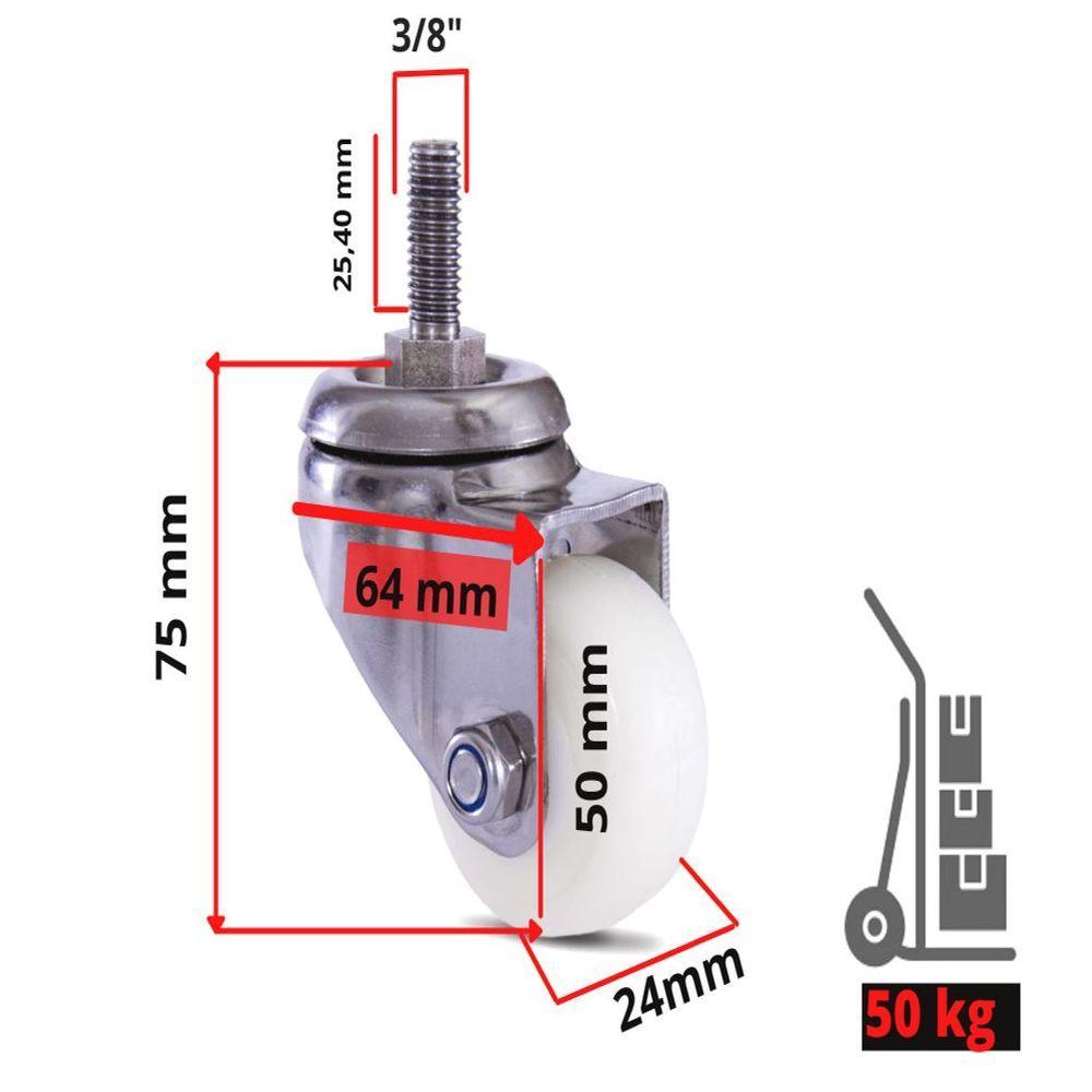 2 Rodizio Inox 2 Pol. Roda Nylon Com Espiga Sem Freio - 4