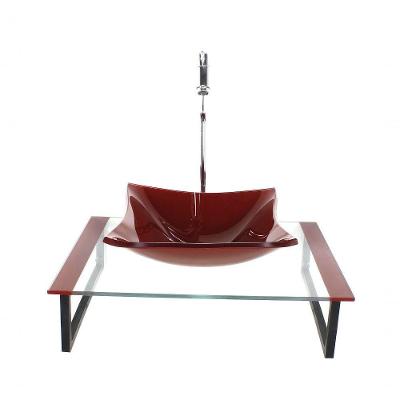 Kit Cuba De Vidro Quadrada 10mm Com Tampo 50cm Vermelho Cereja E Suporte Preto