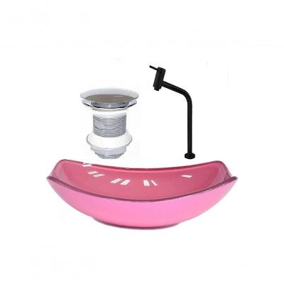 Cuba de Vidro Oval 51cm Rosa + Valvula + Torneira Preta
