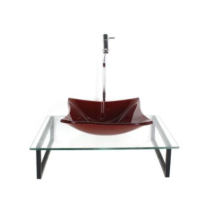 Kit Cuba De Vidro Quadrada 10mm Vermelho Cereja Tampo 50cm Incolor Com Suporte Torneira Valvula