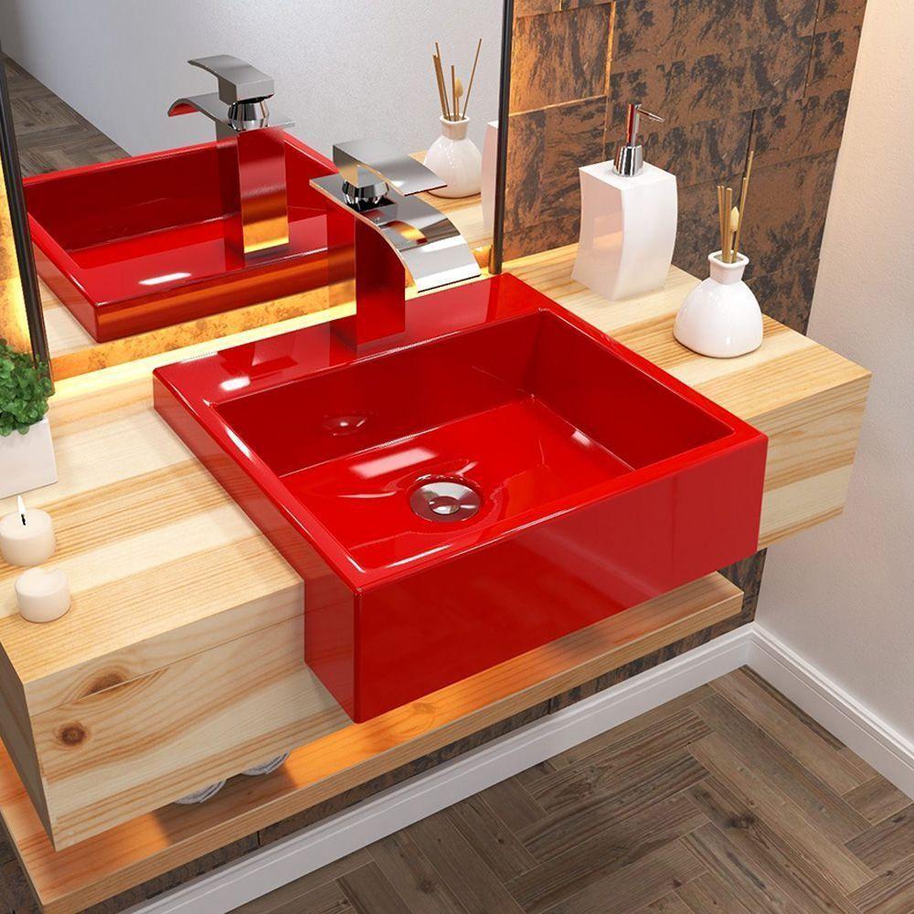 Cuba De Semi Encaixe Quadrada Para Banheiro Xq395 Vermelho - 3