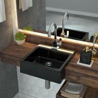 Cuba De Semi Encaixe Quadrada Para Banheiro Preto Brilho - 3