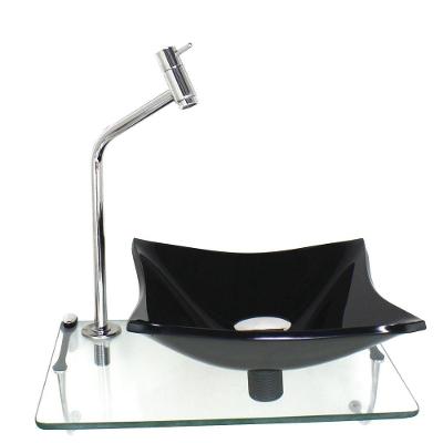 Kit Cuba De Vidro Quadrada 10Mm Preta Com Tampo 40Cm Incolor E Suporte Cromado