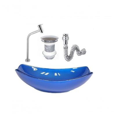 Cuba De Vidro Oval Chanfrada 46Cm Azul Escuro + Valvula + Torneira + Sifao